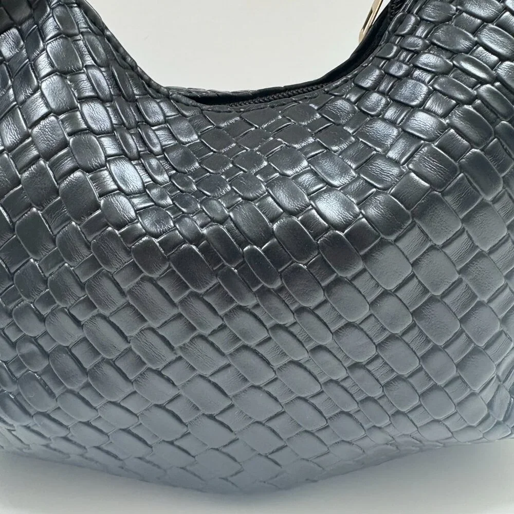 Embossed Woven Slouchy Mini Hobo Bag Faux Leather- Black- NWT